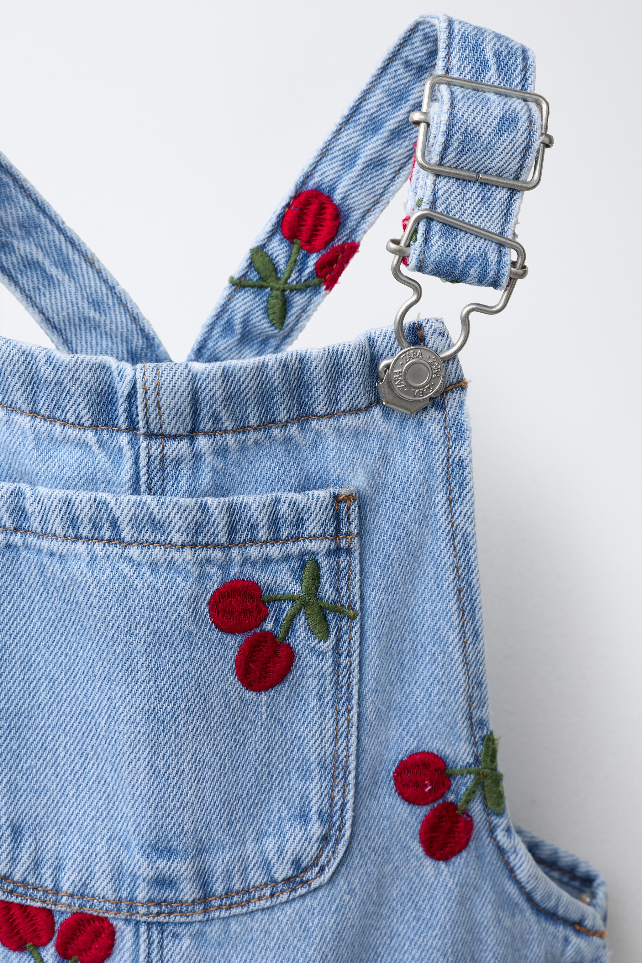 EMBROIDERED CHERRY DENIM OVERALLS